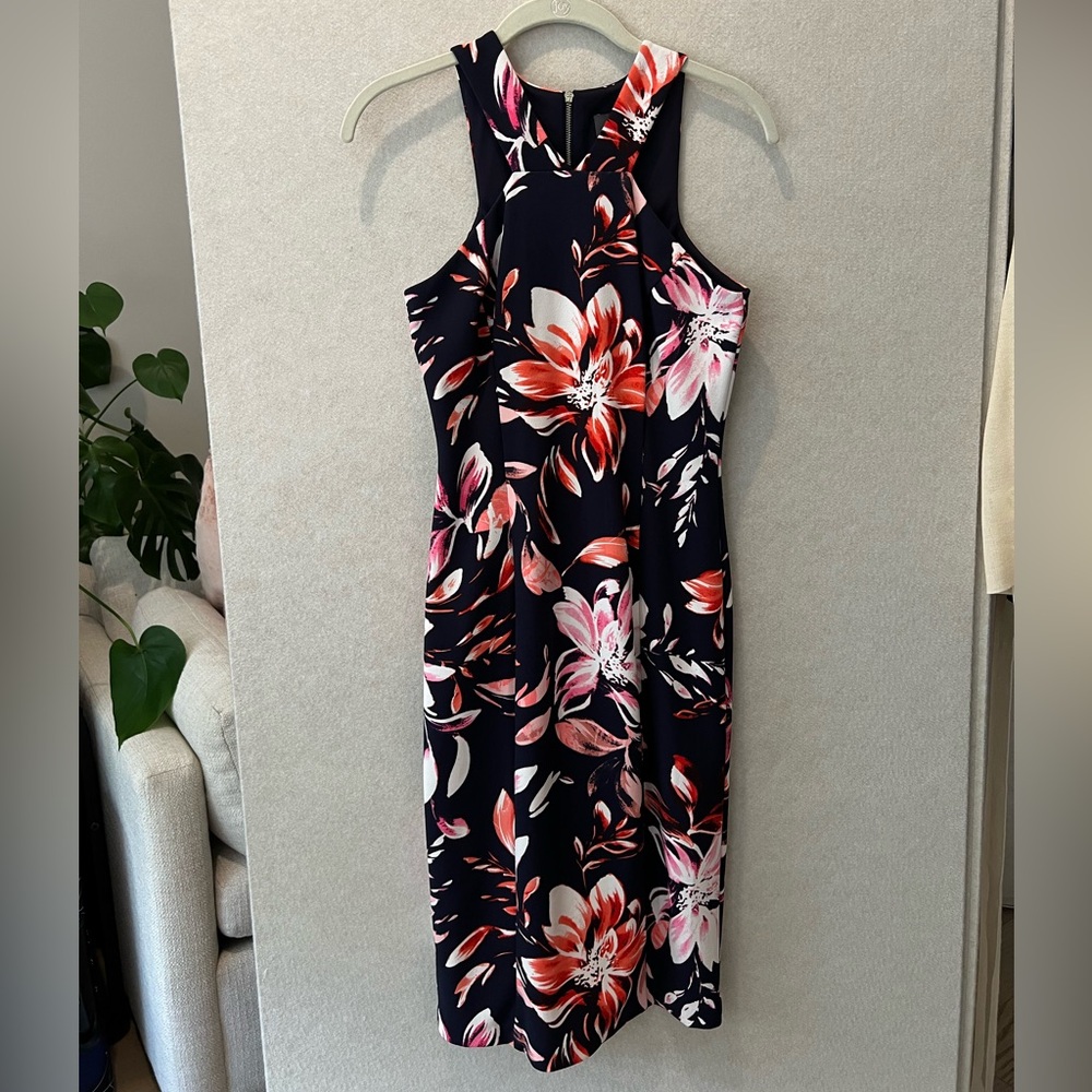 Vince Camuto Navy and Pink Floral Midi Dress